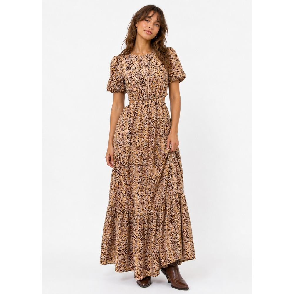 WAYF Tan Leopard Print Cutout Maxi Dress Large Tiered Puff Sleeve Boho Chic